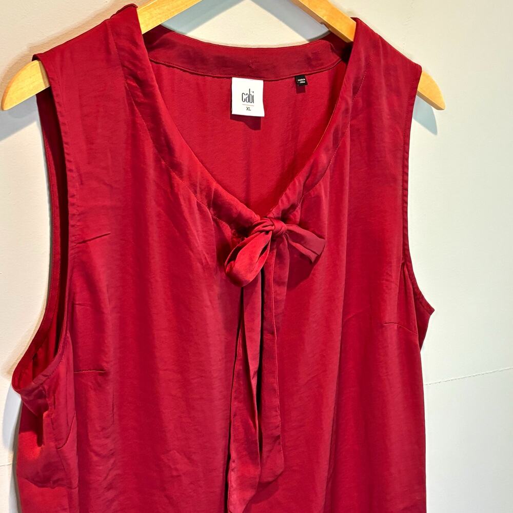 CAbi Red Satin Cinch Tie Neckline Sleeveless Blouse Style #3602- size XL - Picture 2 of 5